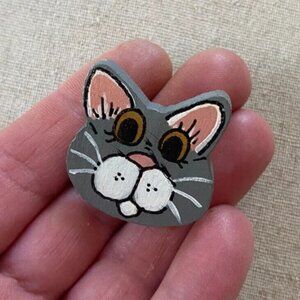 VINTAGE 1990s Jan Wilson WOOD Hand Painted Whiskers Signed Cat Brooch ARTISAN